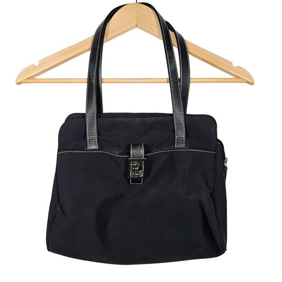 Ralph Lauren Vintage Black Tote Bag With Double Handles & Logo Buckle, 12"x10" - Picture 1 of 15